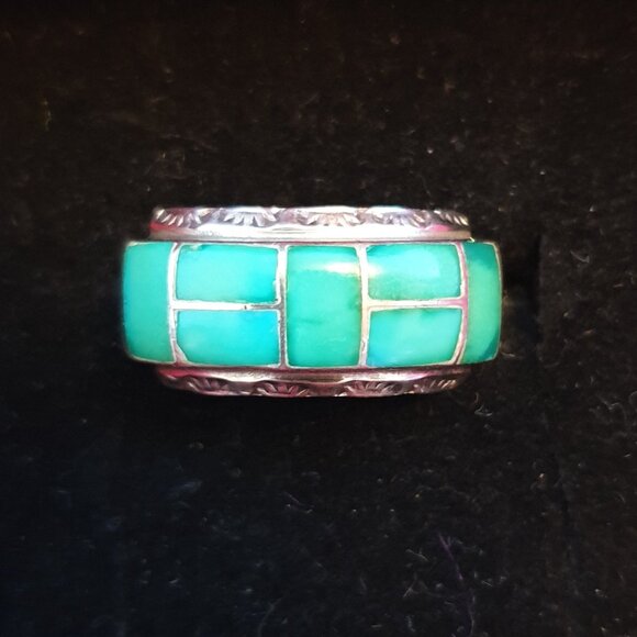 Stunning Vintage Native American Navajo Genuine Turquoise Inlaid Sterling Ring - Picture 7 of 14